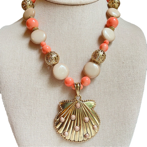 Seashell pendant necklace single strand with acrylic beads and goldtone filigree